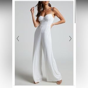 SHOWPO CLAUDILYN JUMPSUIT - SEQUIN BUSTIER BODICE WIDE LEG JUMPSUIT IN WHITE